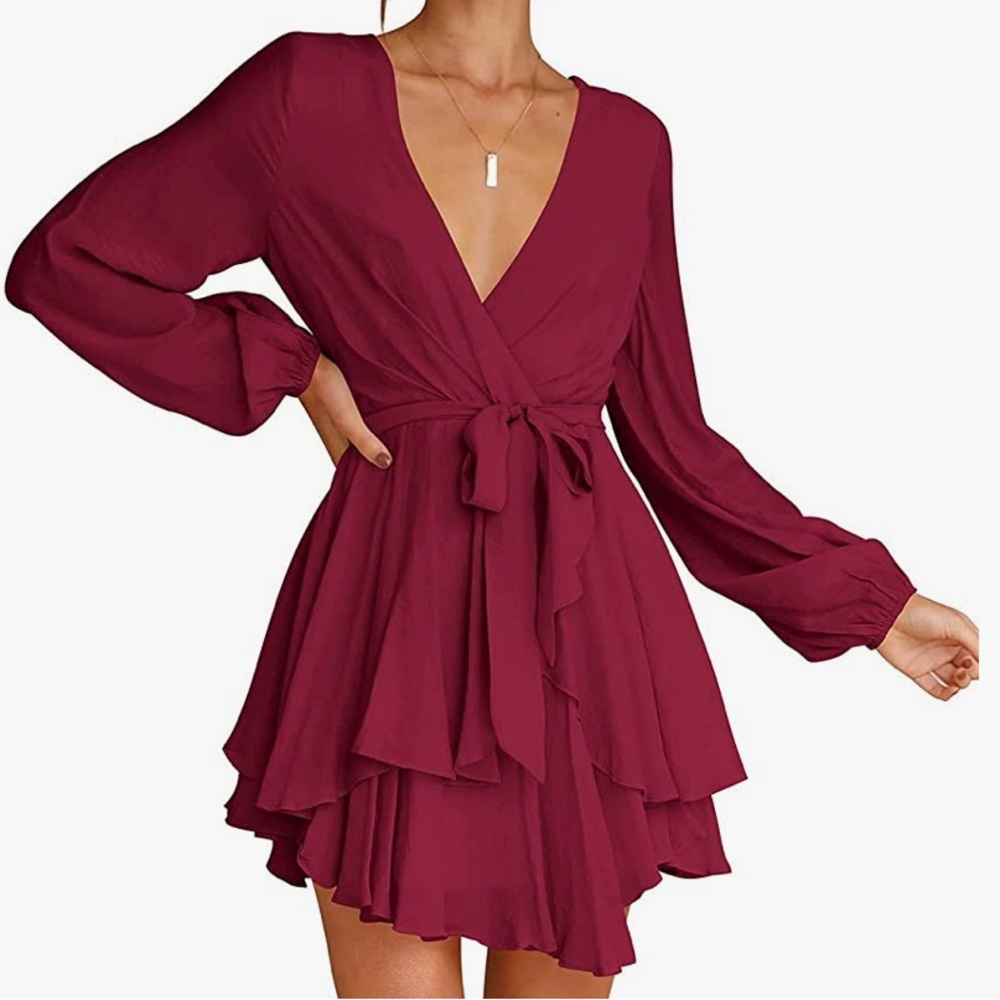 EUC Cosonsen Dress Deep V-Neck Long Sleeve Waist Tie Mini in Burgundy Size Large